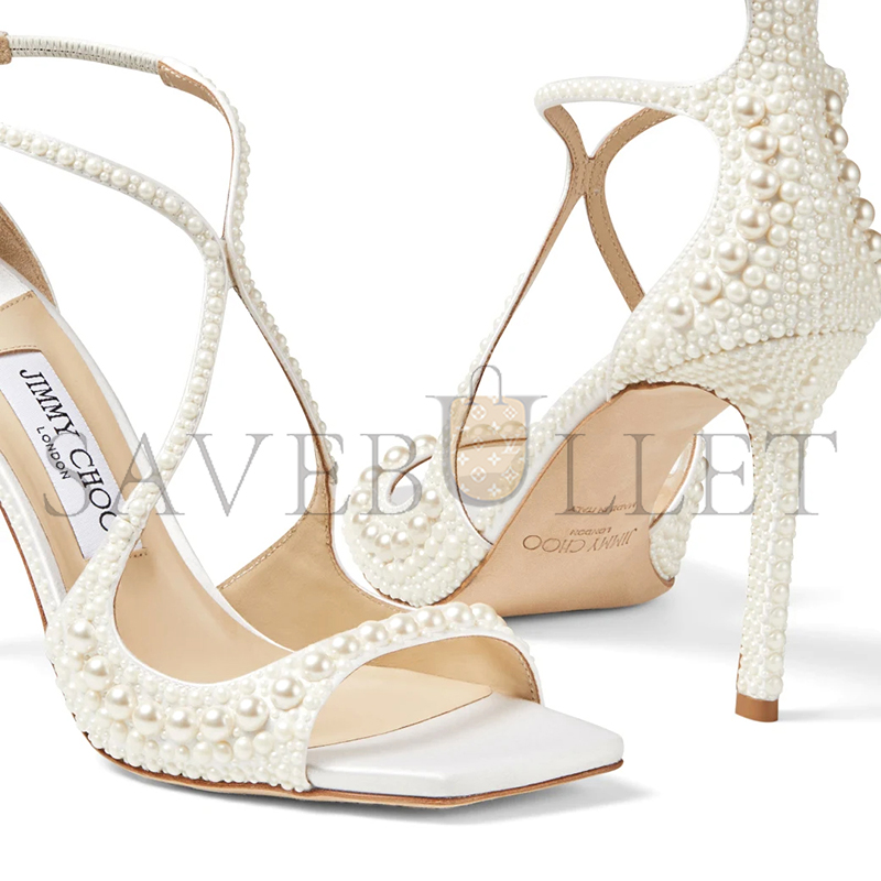 Ji*y Ch* azia 95 white satin sandals with all-over pearls azia95woz_s